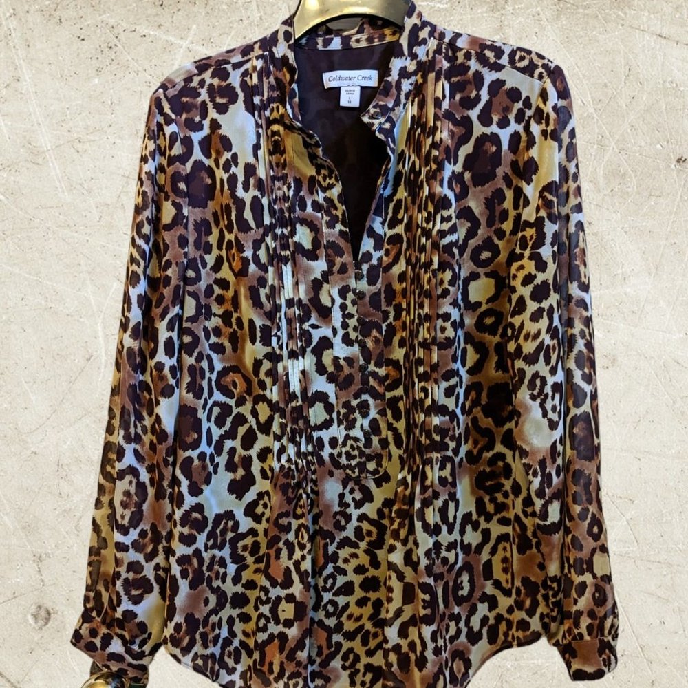 Coldwater Creek Leopard Print Button Top Lined Flowy Peasant Style Popover